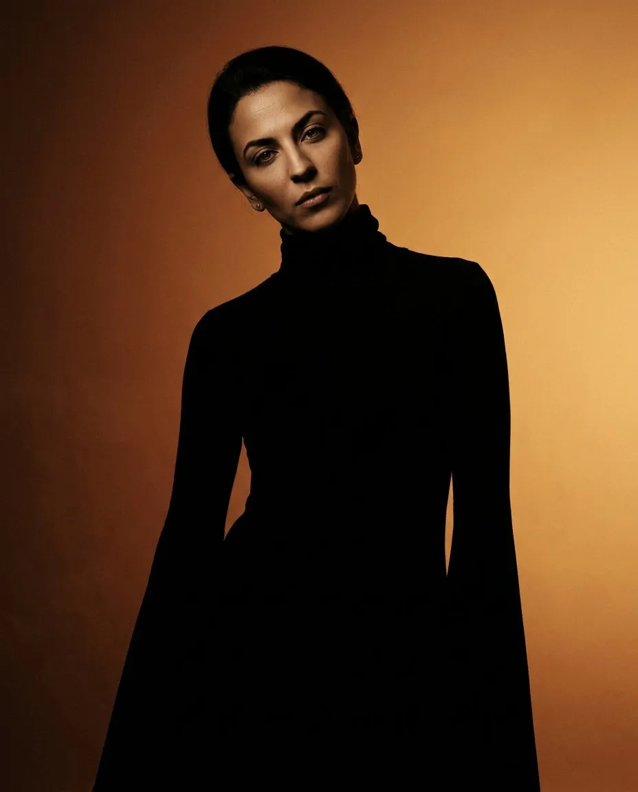 Cinematic Sepia Fashion Editorial Portrait, Dramatic Lighting