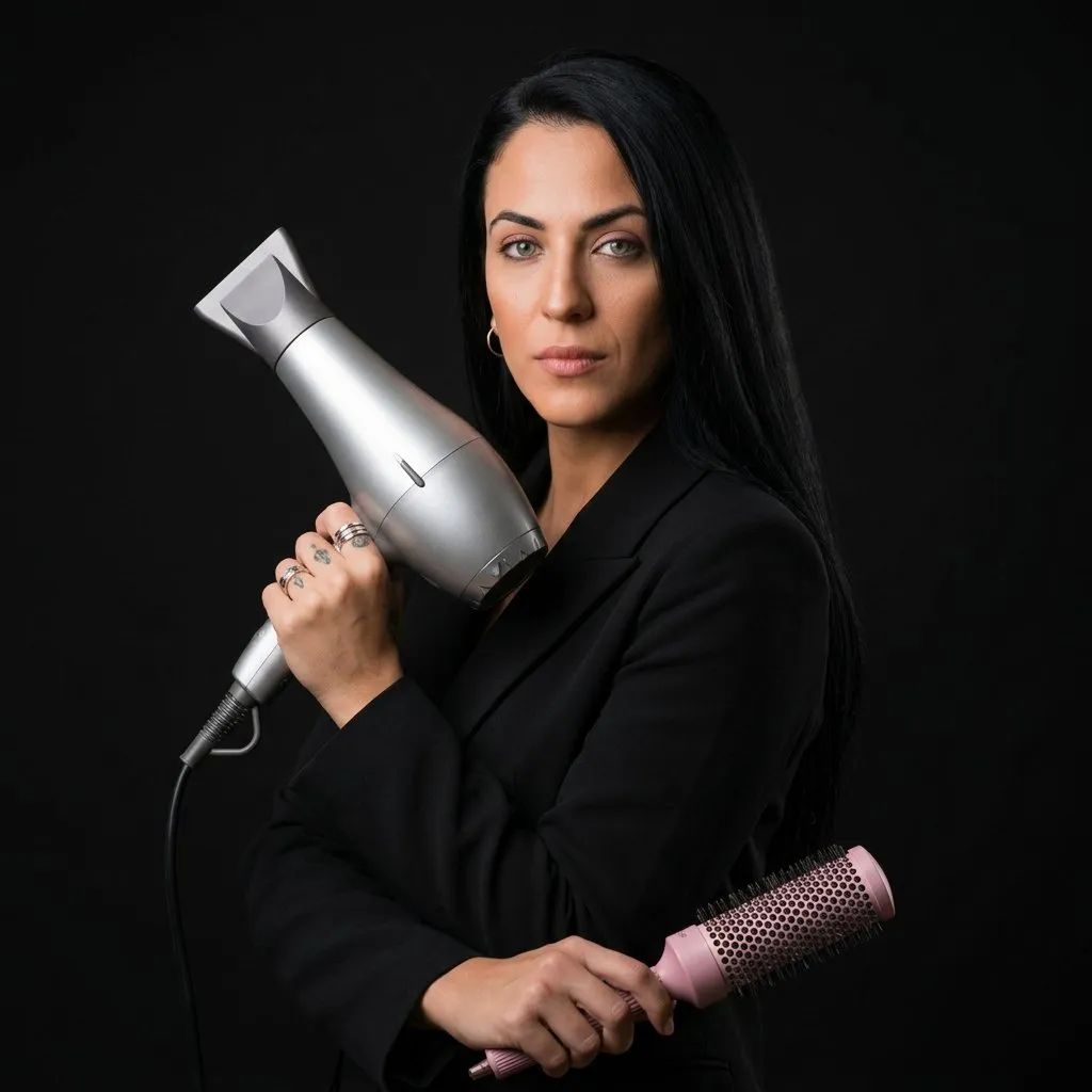 Studio Hairdresser Portrait with Black Background, Photorealistic Editorial