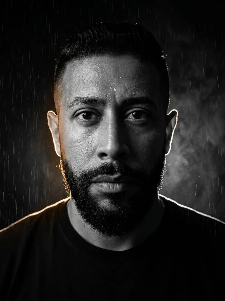 Cinematic Charcoal Close-Up Portrait with Amber Rim Light