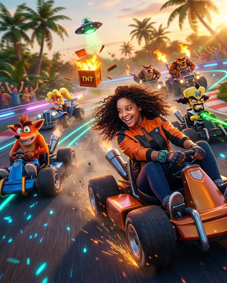 Cinematic Neon Tropical Kart Racing Portrait, Hyper-Realistic Close-Up