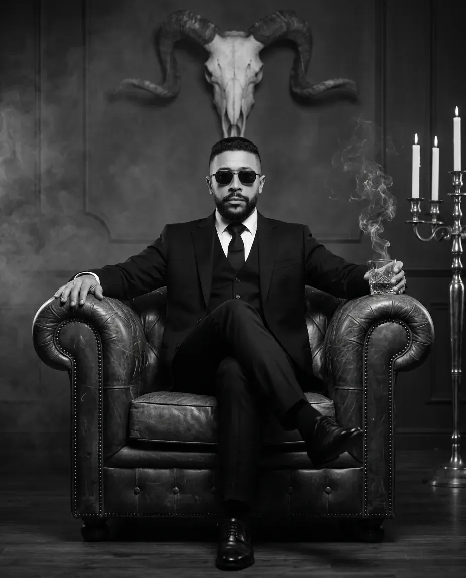 Cinematic Noir Power Portrait in Gothic Chesterfield, 64K B&W