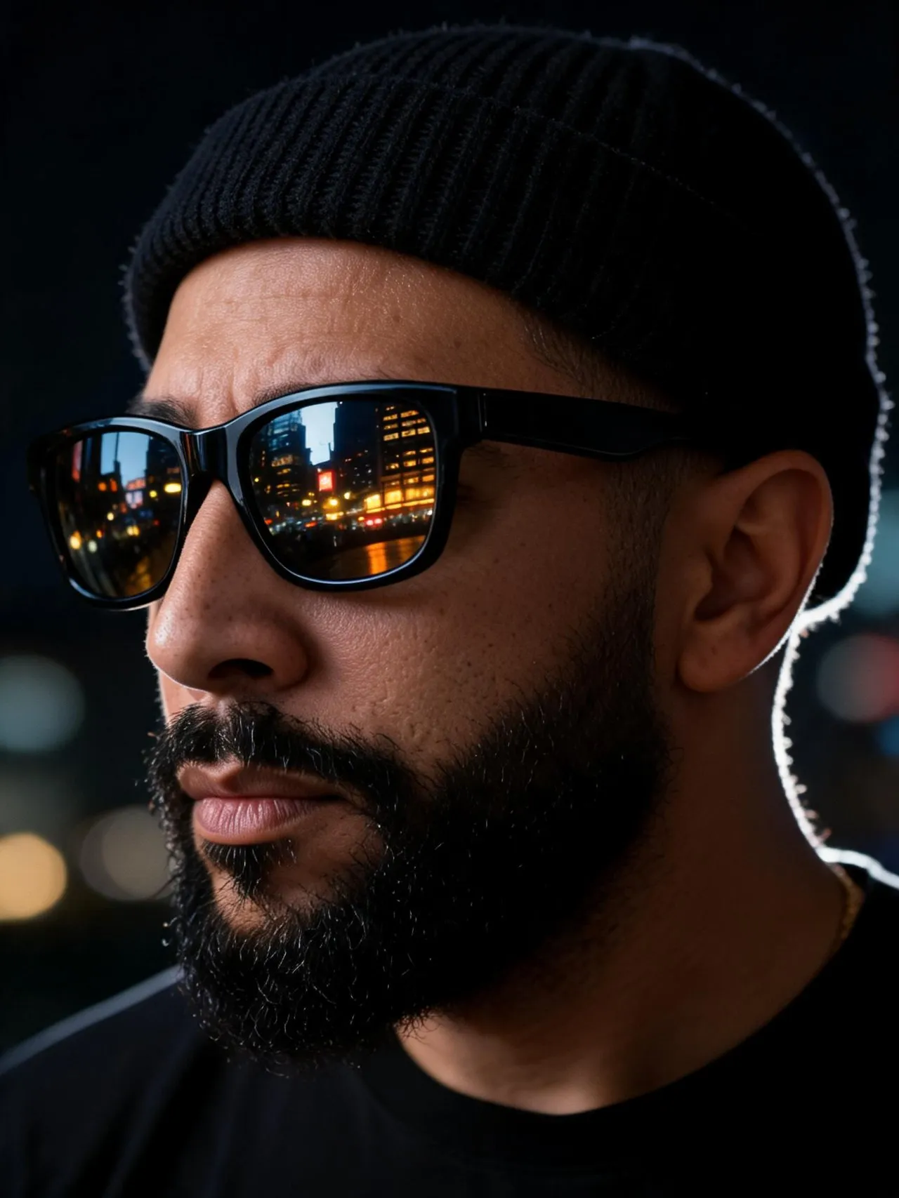 Cinematic Photorealistic Profile Portrait with Urban Reflections