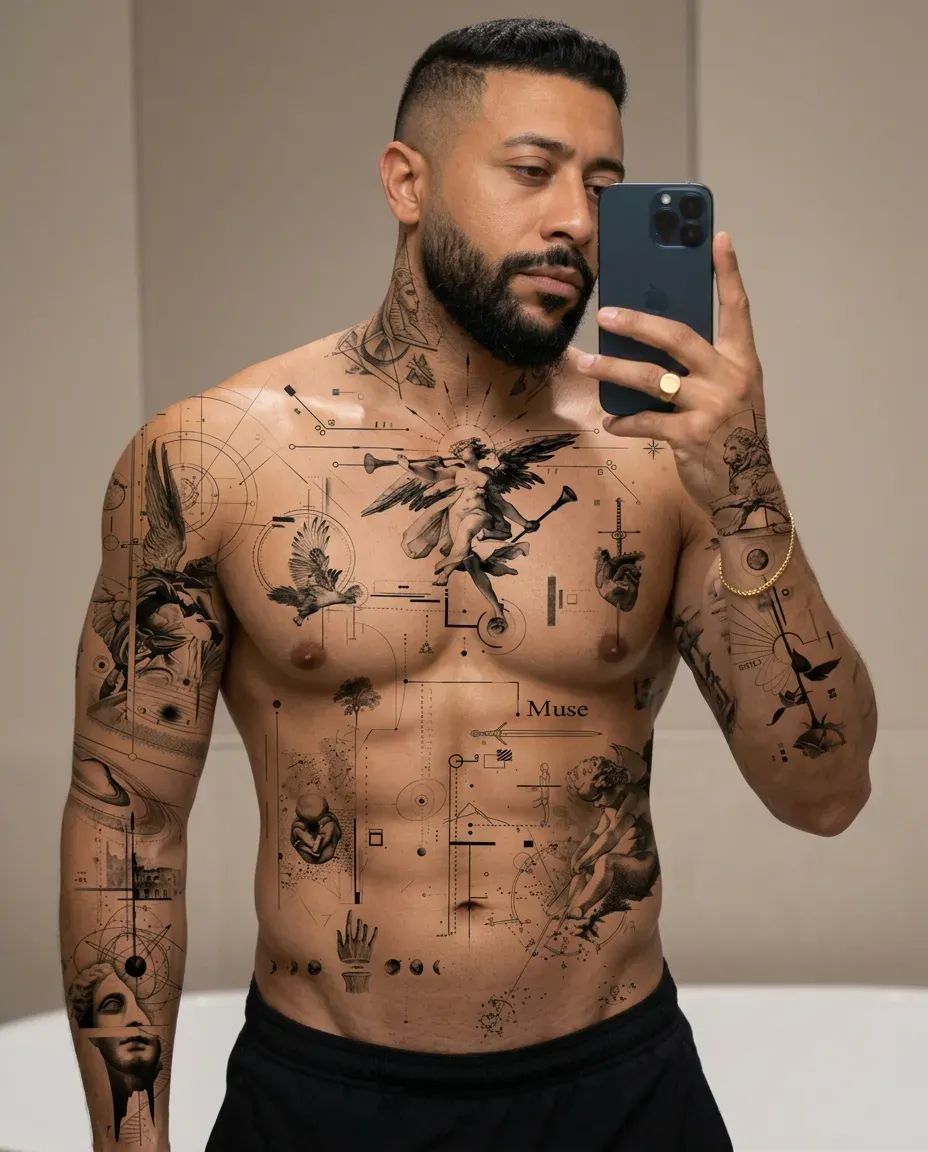 Mirror Selfie Fitness Portrait, Tattooed Athletic Studio Photography