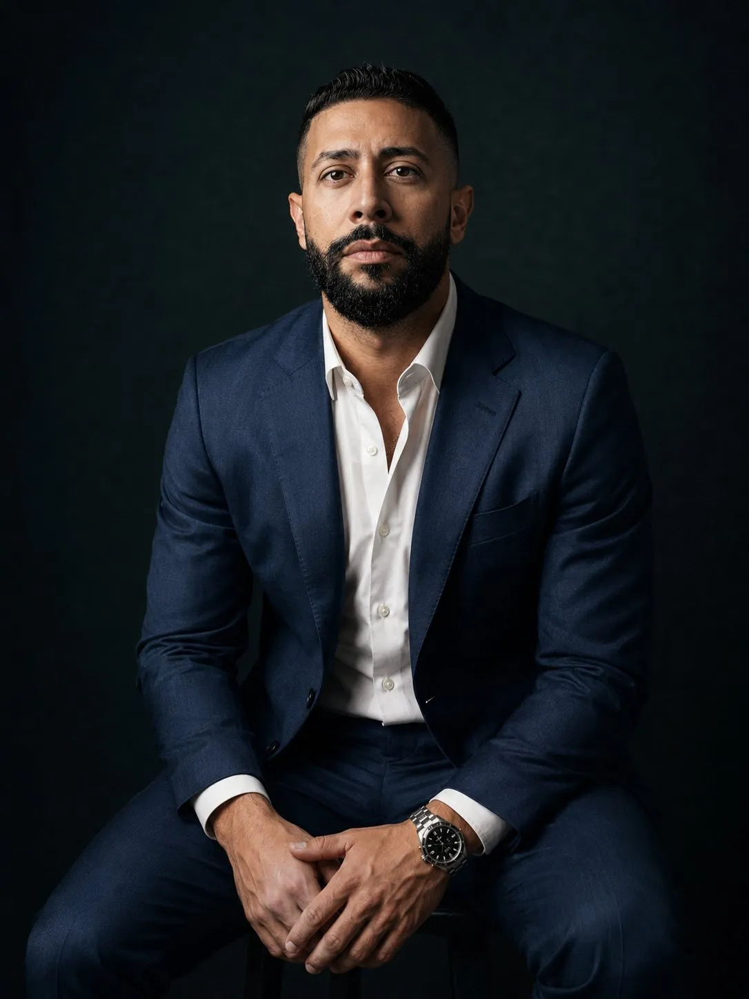 Hyperrealistic Editorial Portrait — Dark Teal Studio Lighting