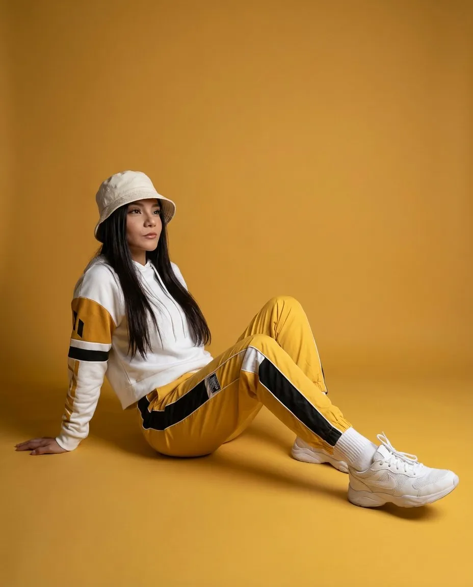 Full-Body Studio Portrait on Mustard Yellow Minimalist Backdrop