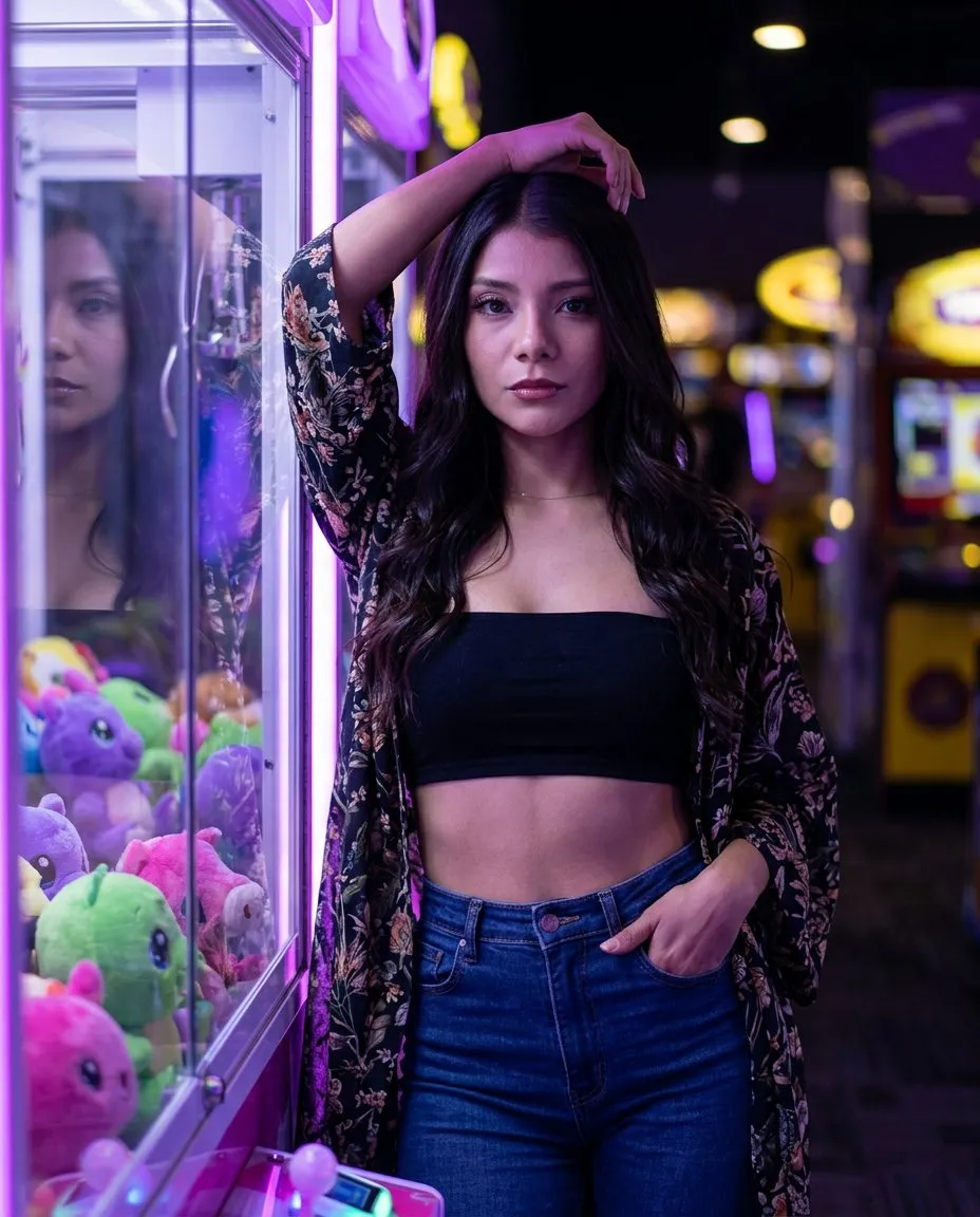 Neon Arcade Night Portrait with Violet-Pink Side Lighting - Imagem 1