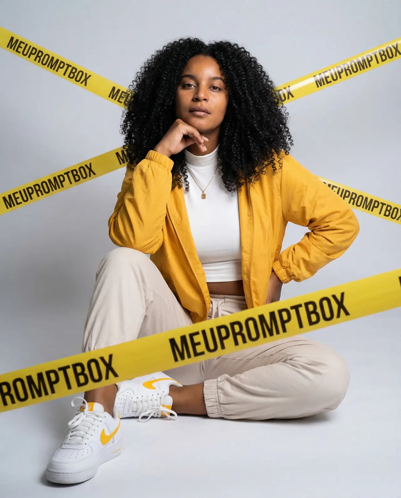 Studio Fashion Portrait with Yellow Tape Urban Aesthetic