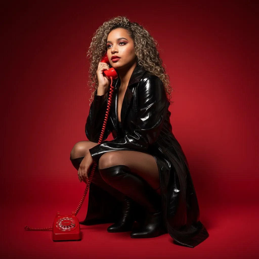 Glamorous Red Studio Fashion Portrait With Vintage Phone