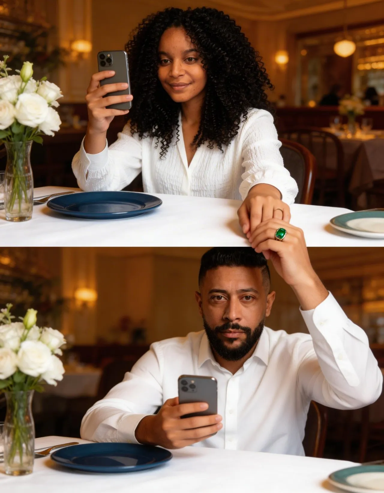 Split-Screen Dinner Date Portrait with Elegant Restaurant Lighting