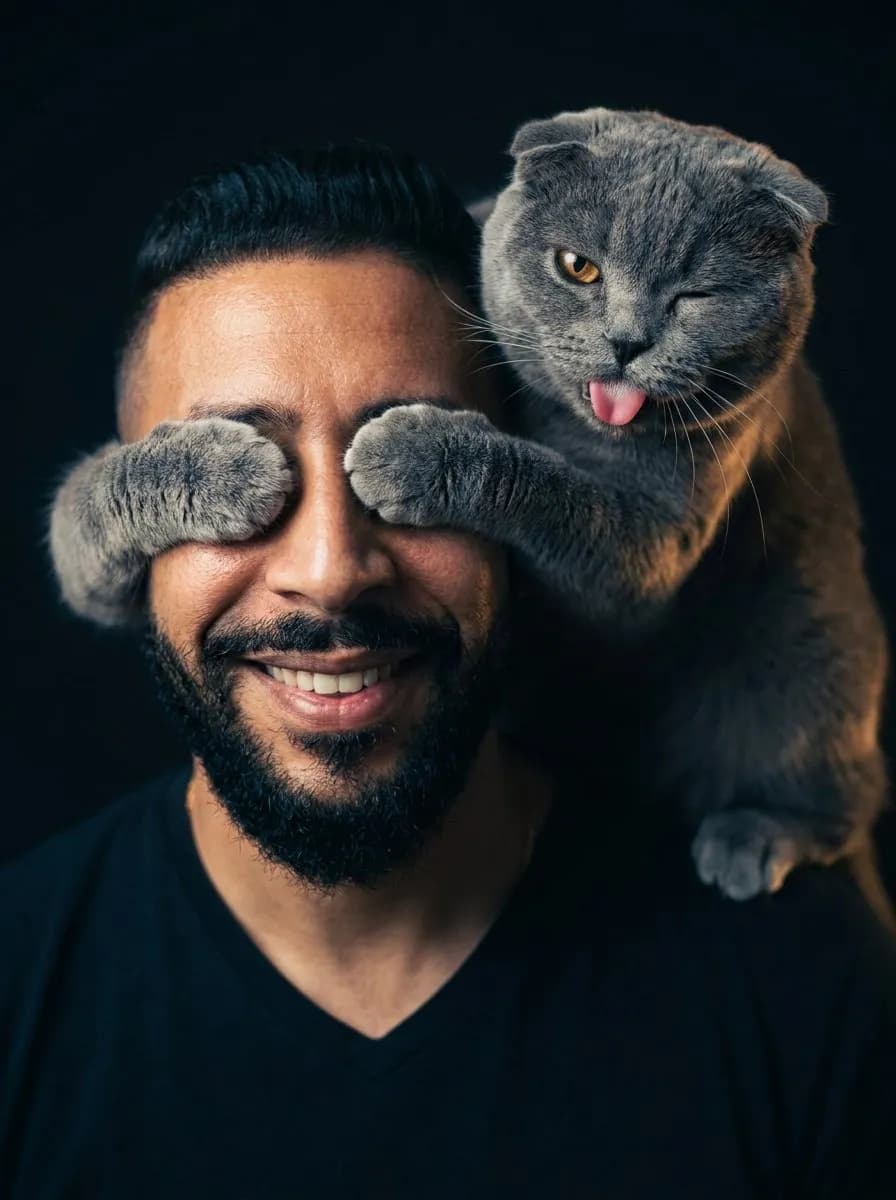 Cinematic Editorial Close-Up Portrait of Man with Scottish Fold
