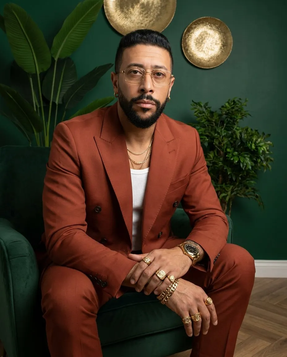 Cinematic Editorial Portrait of Man in Rust Suit and Emerald Interior