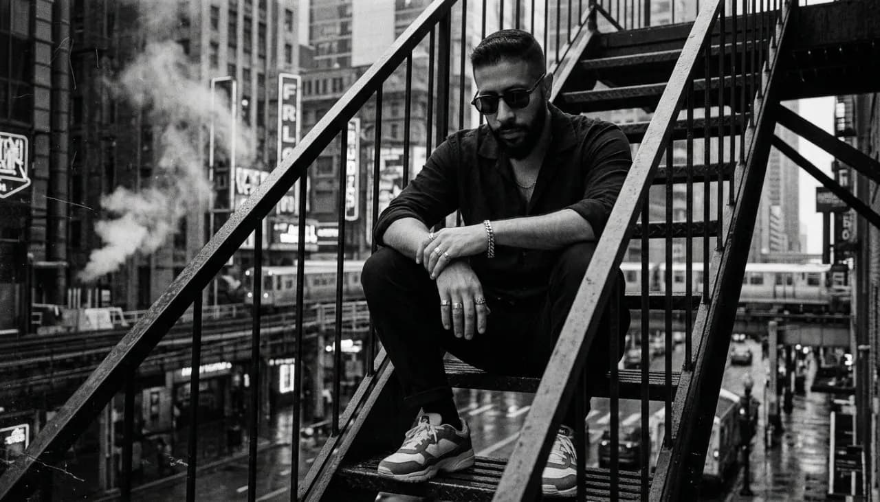 Noir 90s Street Portrait — High-Contrast B&W 35mm Photo