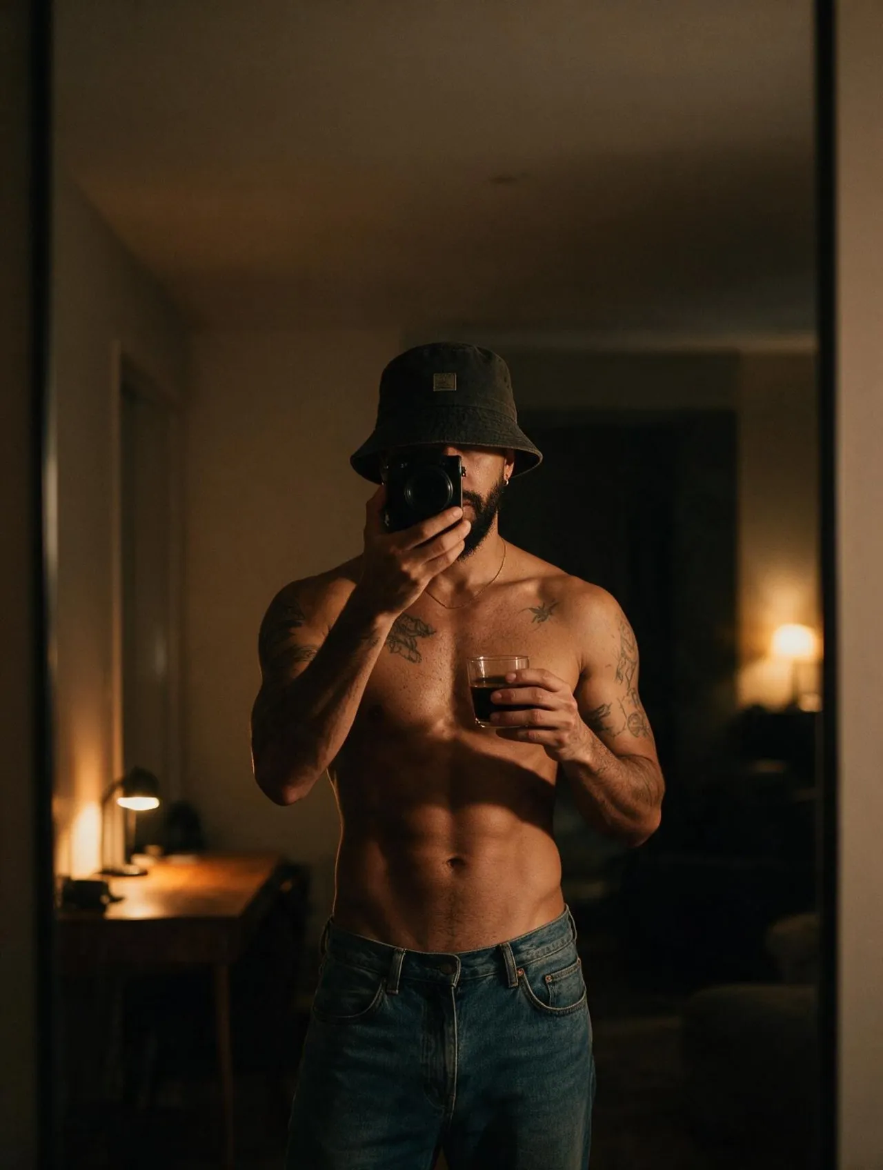 Ultra-Realistic Moody Mirror Selfie Portrait in Warm Apartment