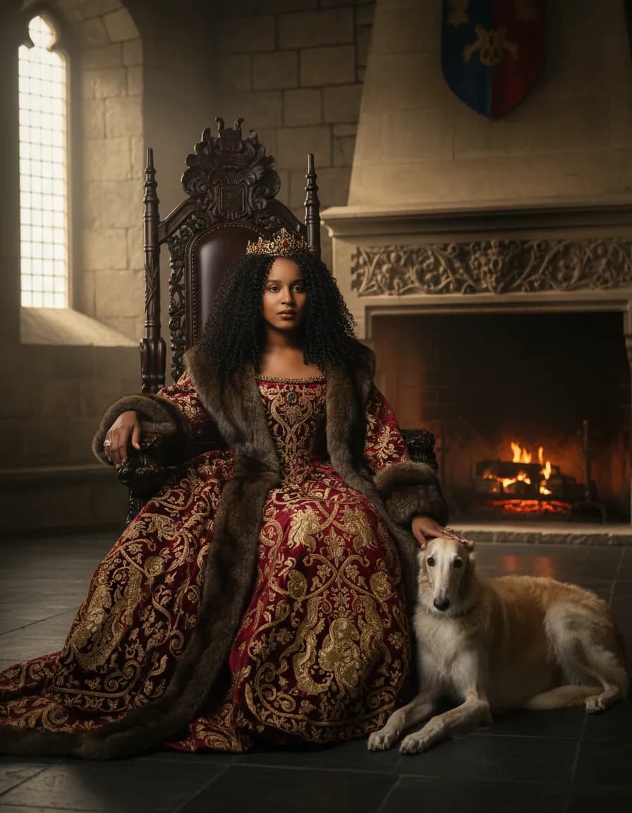 Theatrical Queen Portrait in Medieval Castle by Fireplace