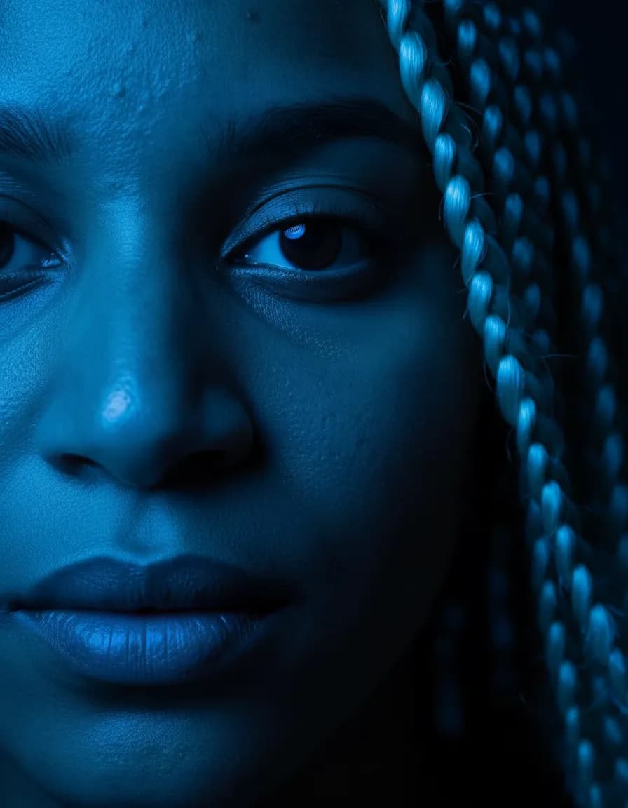Dramatic Blue-Lit Facial Close-Up