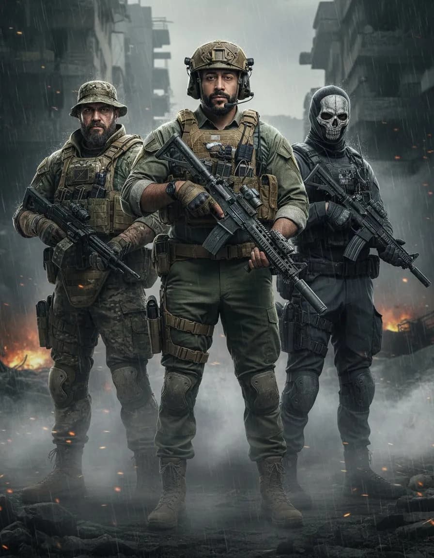 Cinematic Hyper-Realistic Military Squad Portrait 9:16