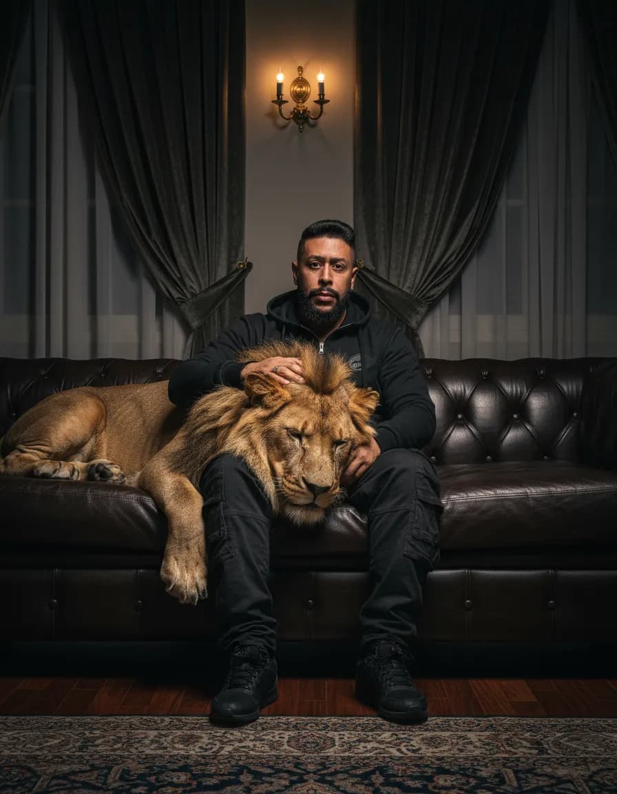 Cinematic Portrait of a Man with a Resting Lion