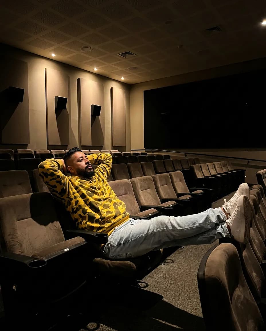 Cinematic Movie Theater Lounge Portrait with Architectural Depth