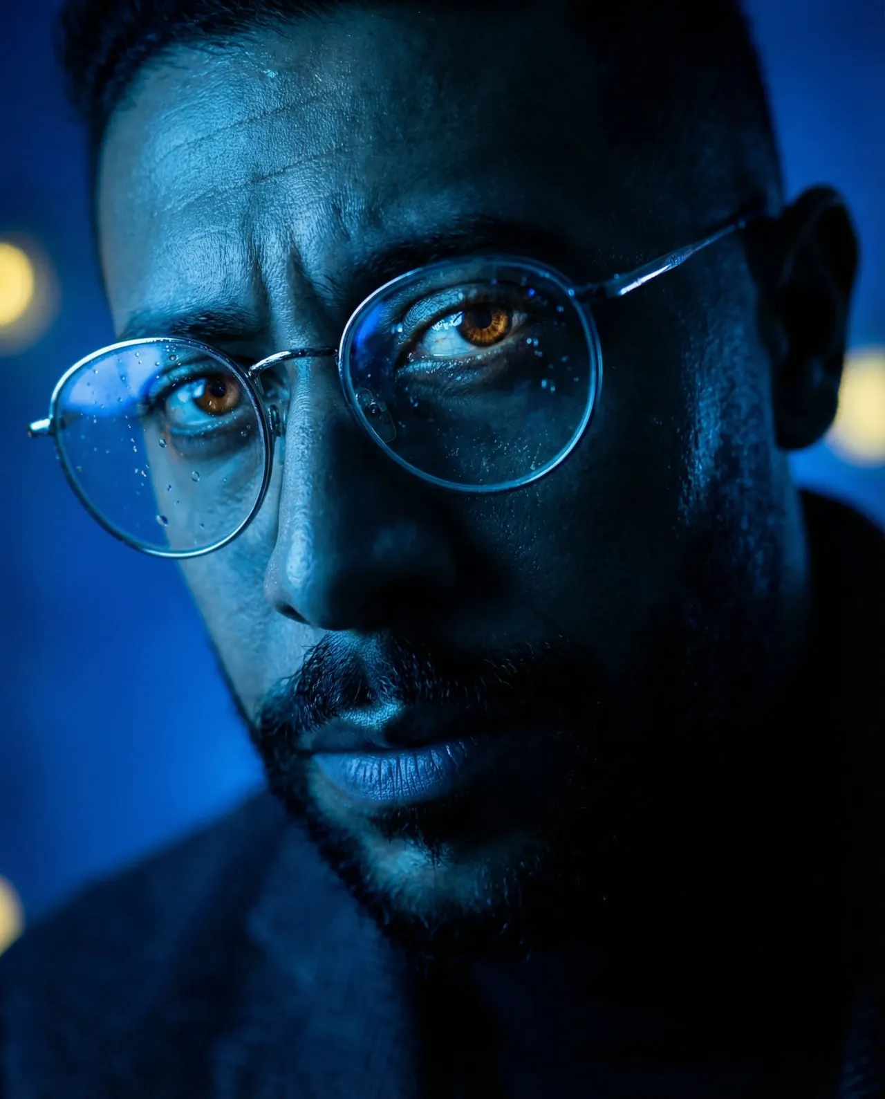 Cinematic Blue High-Contrast Close-Up Portrait 8K