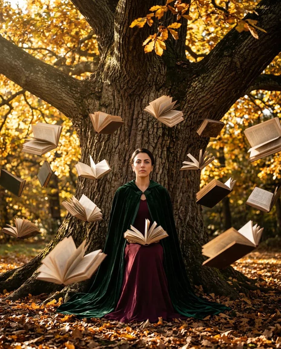 Cinematic Autumn Portrait of Woman Seated Beneath Golden Oak