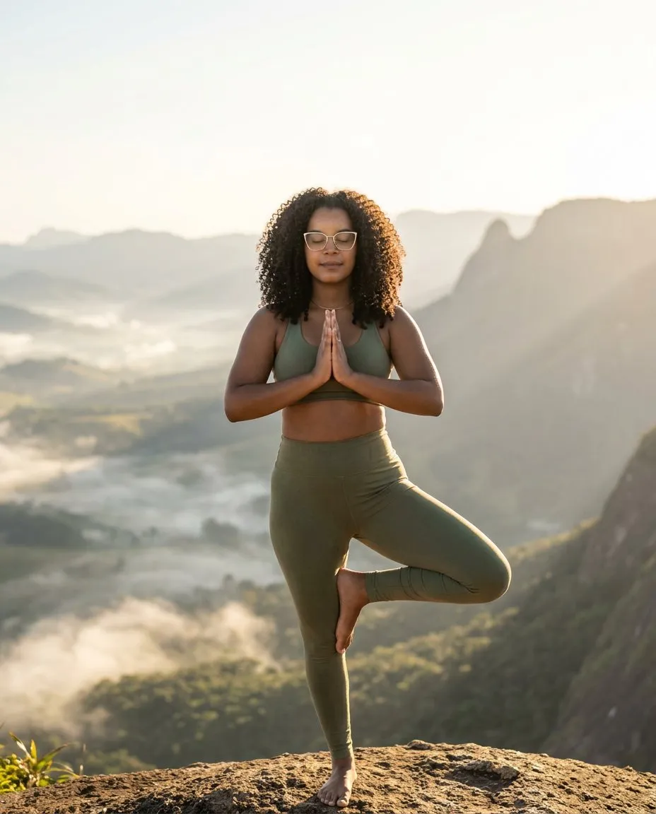 Mountain Sunrise Yoga Portrait with Golden-Hour Cinematic Lighting