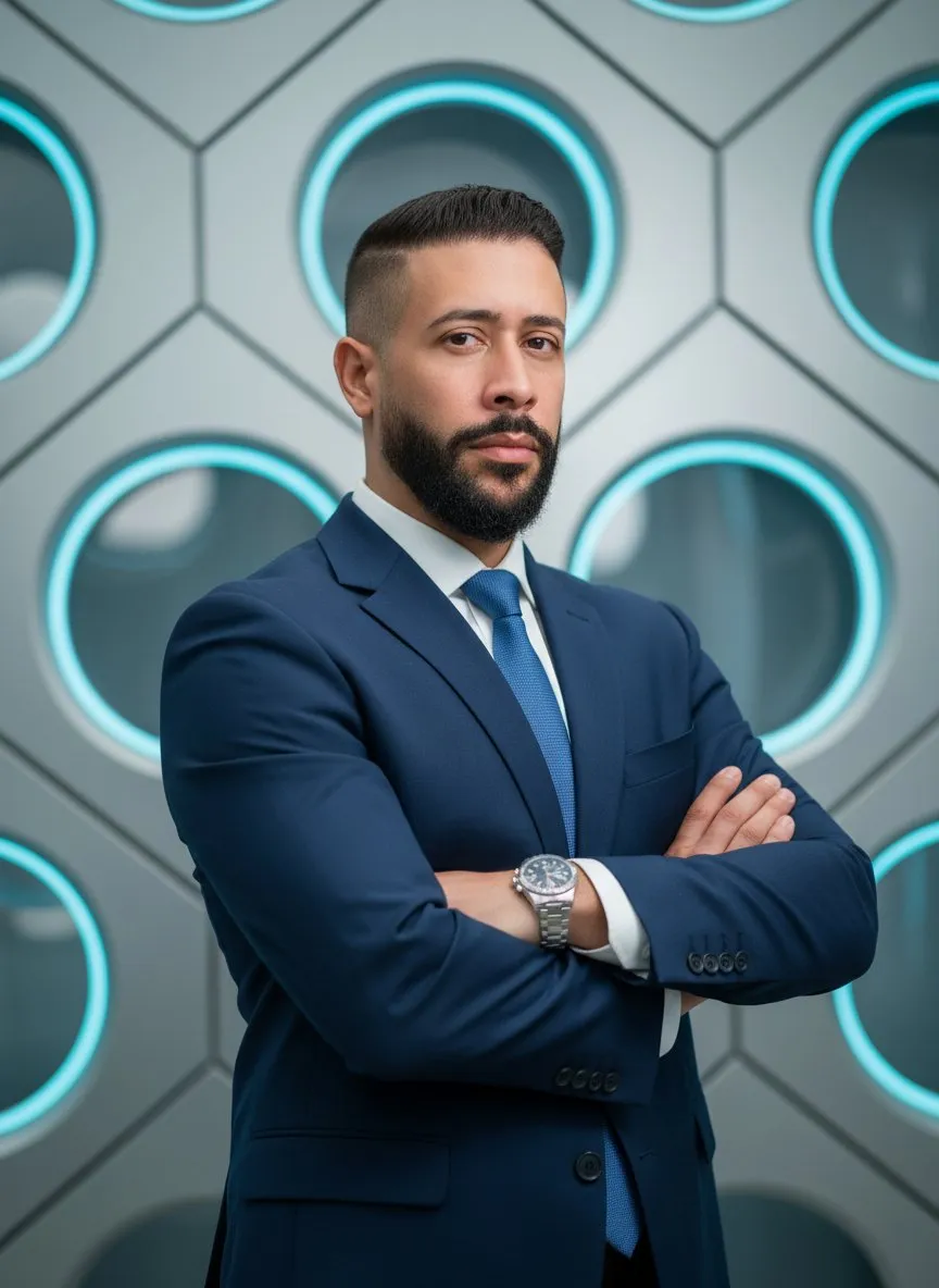 Confident Businessman Portrait with Futuristic Architectural Backdrop