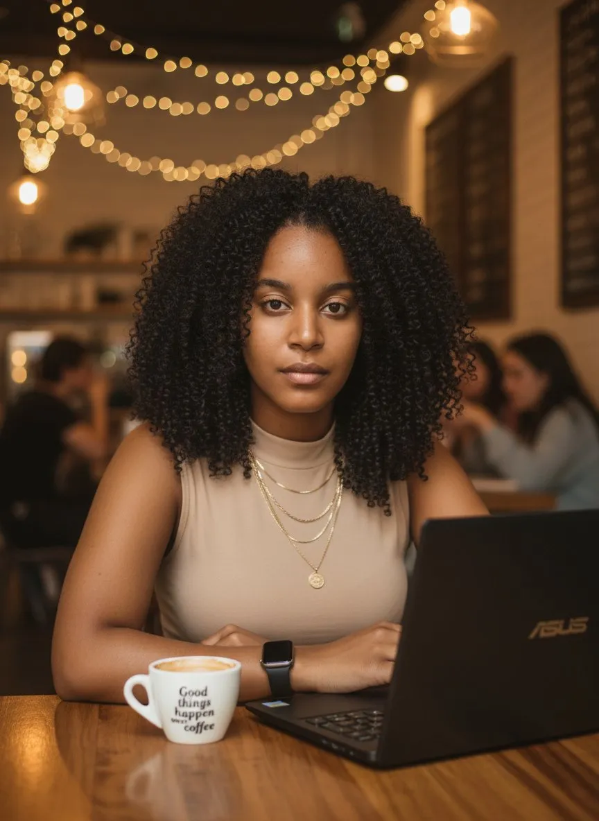Entrepreneur Café Portrait with Warm Lighting and Lifestyle Aesthetic
