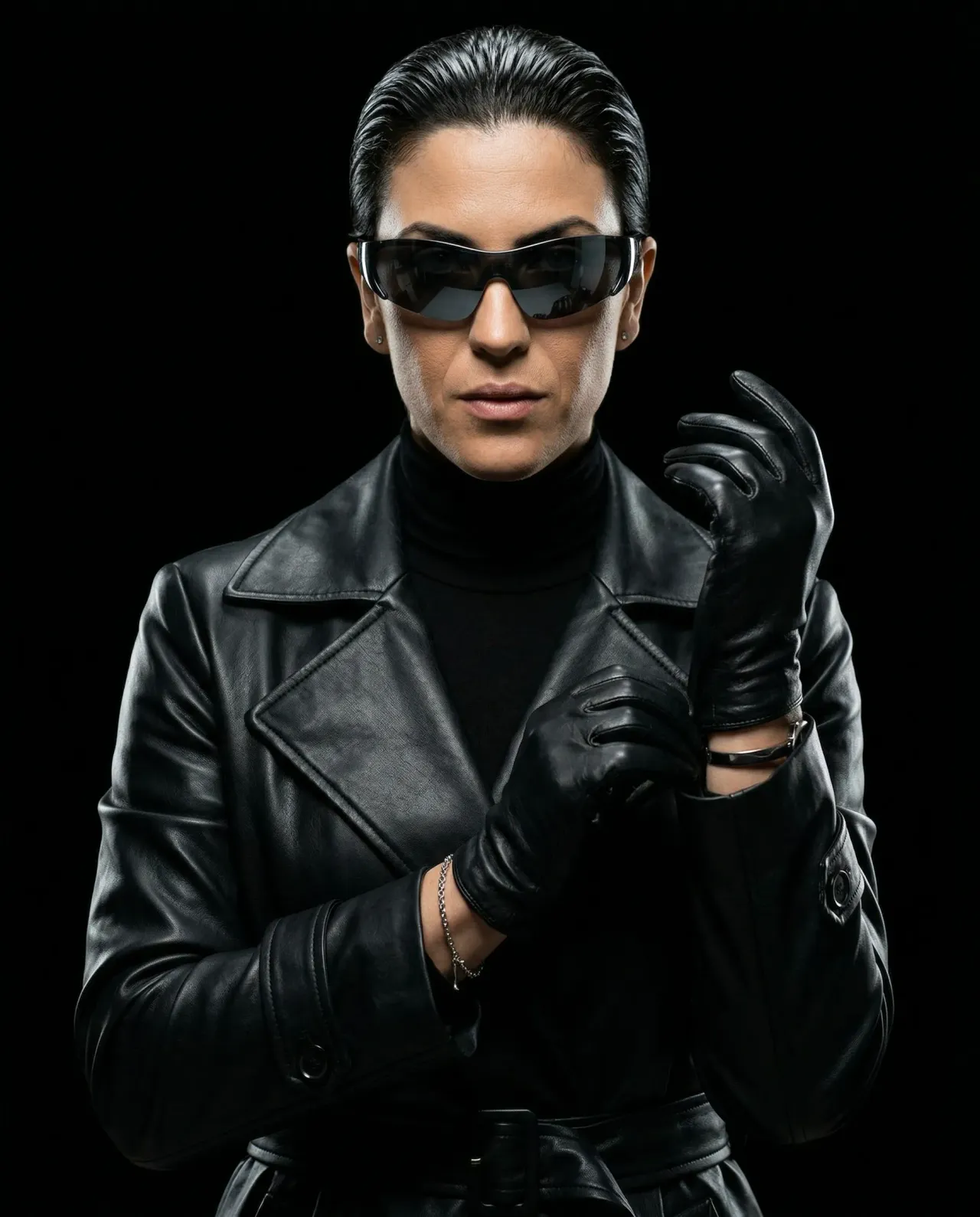 Cinematic Tech-Noir Studio Portrait, High-Contrast Leather Fashion