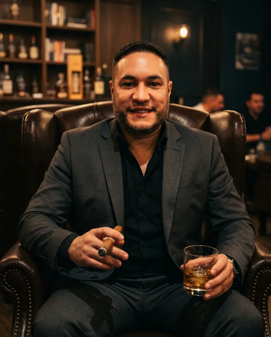 Cinematic Moody Portrait of Mature Man in Leather Armchair