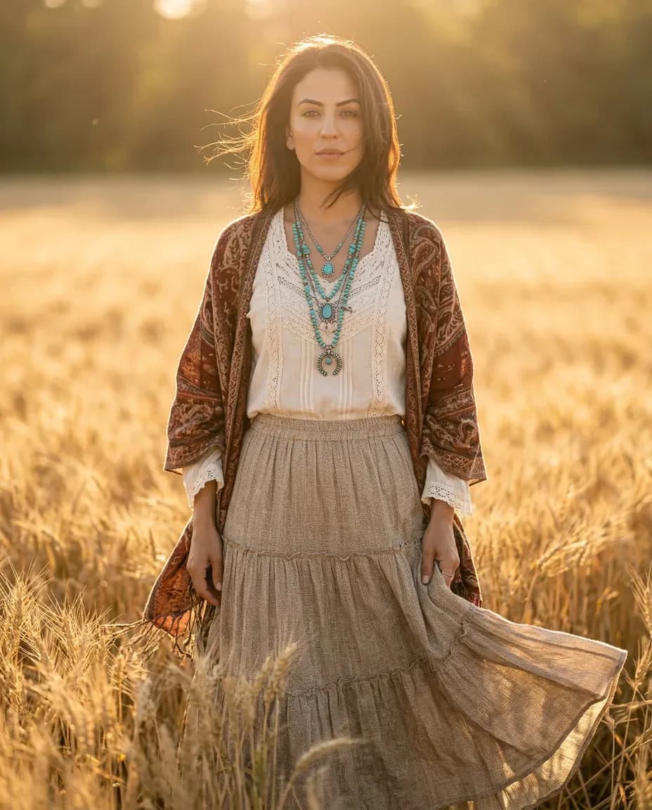 Golden Hour Bohemian Full-Body Portrait, Cinematic Wheat Field