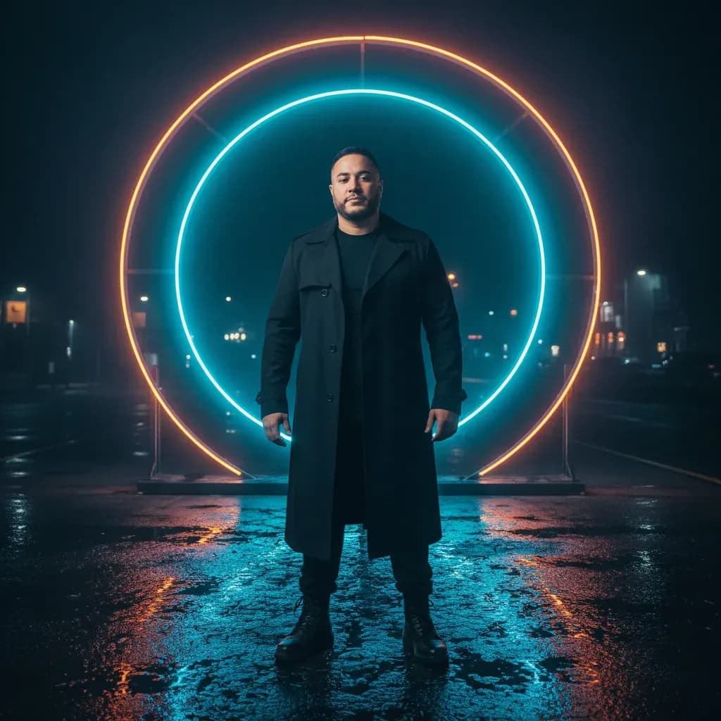 Cinematic Neon Night Portrait with Symmetrical Composition