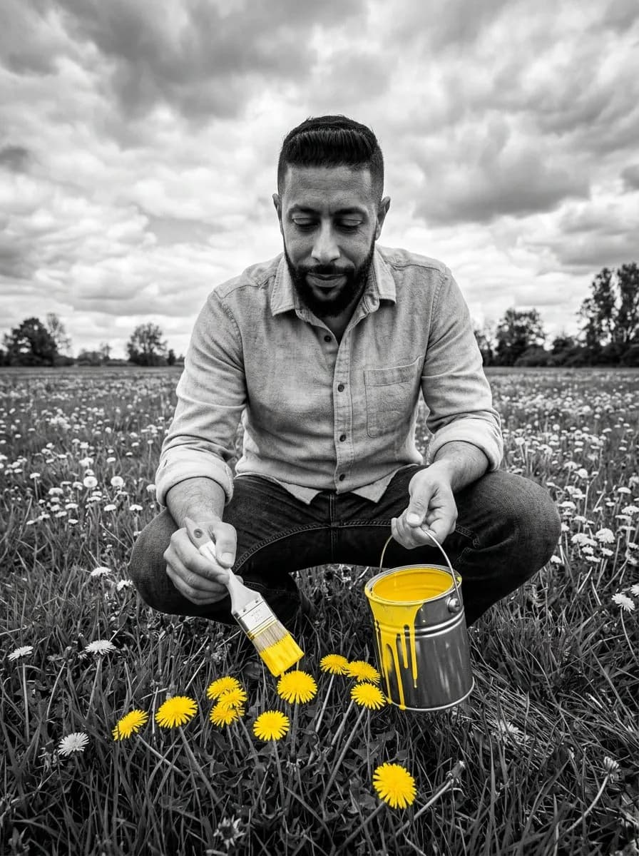 Photorealistic Monochrome Portrait with Selective Color Accent