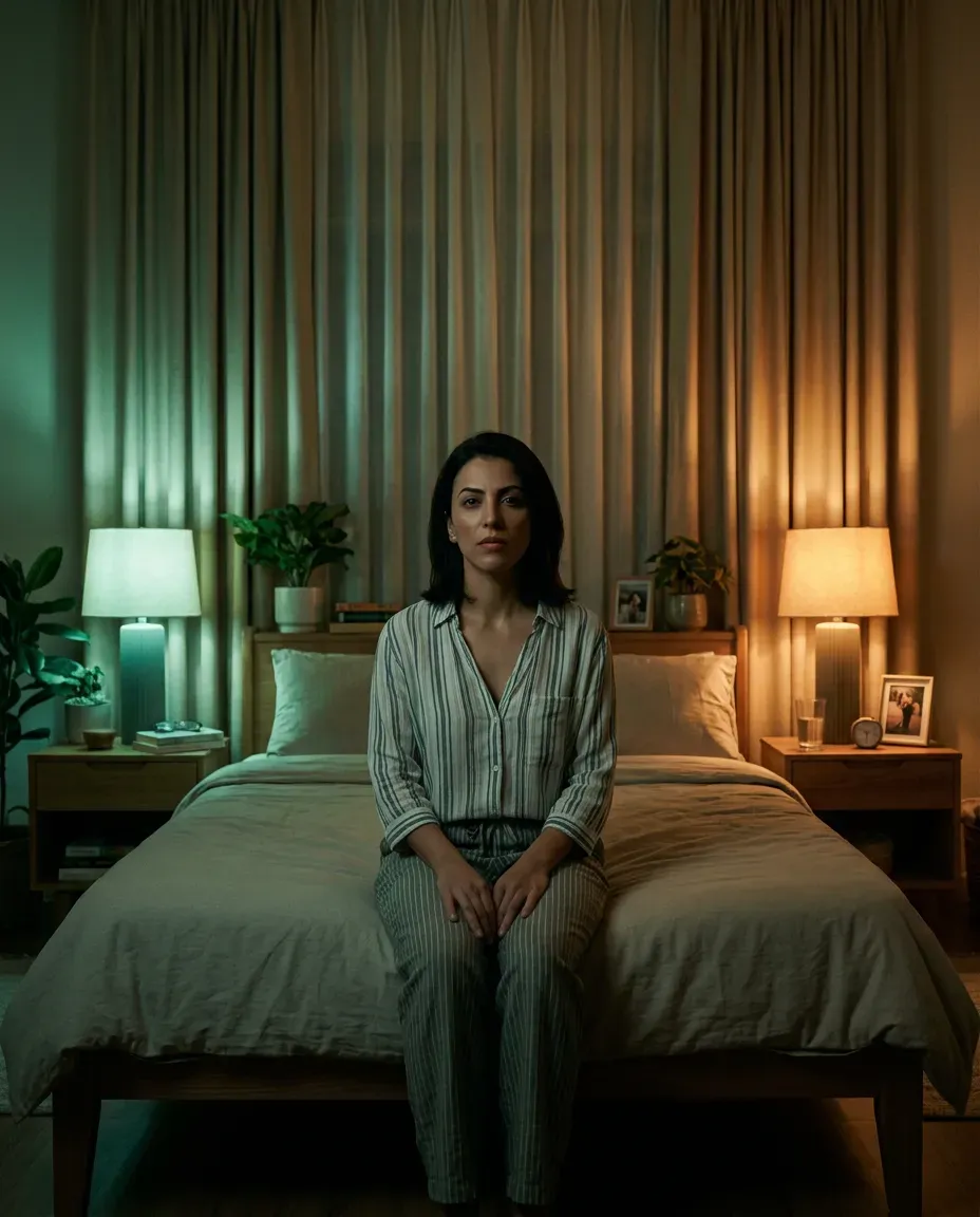 Cinematic Symmetrical Bedroom Portrait with Dual-Tone Lighting