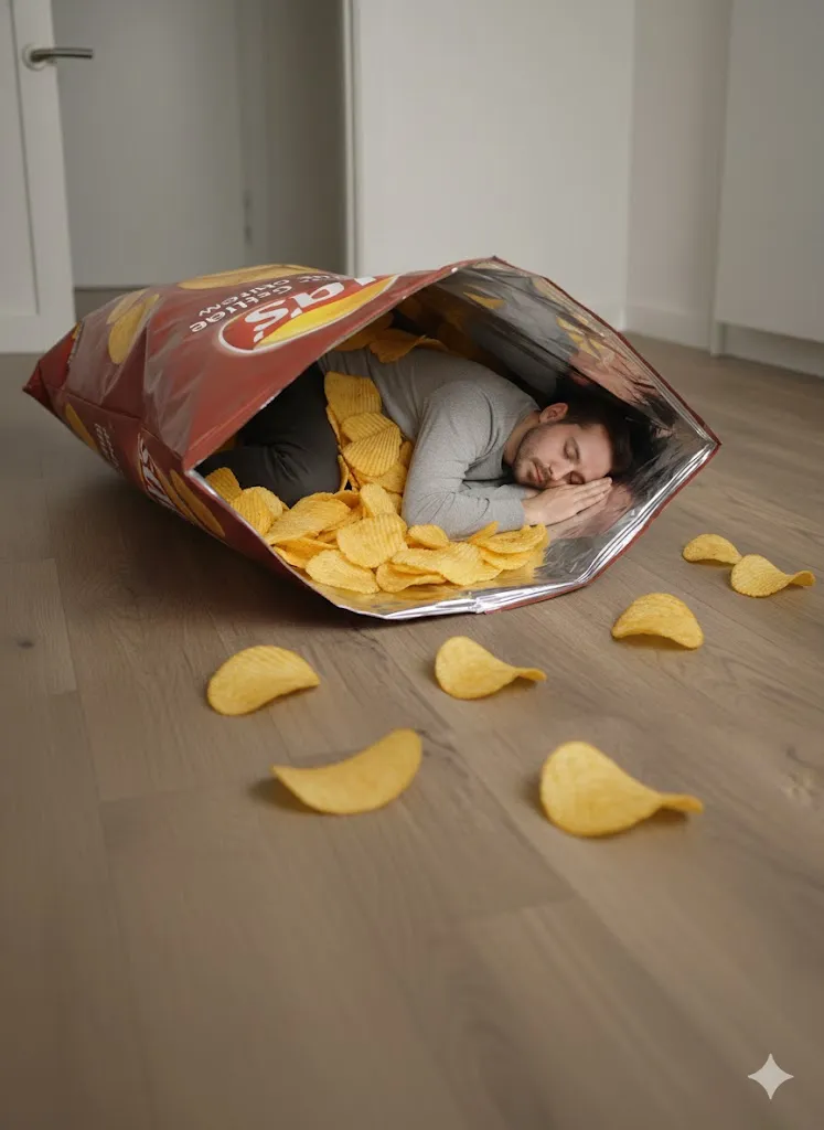 Surreal Giant Potato Chip Bag Sleep Scene Template