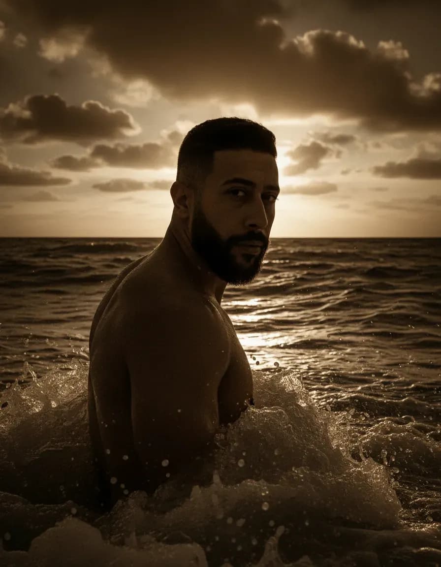 Cinematic Sepia Fashion Portrait at Turbulent Sea Sunset