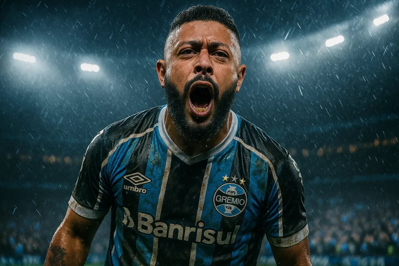 Triumphant Football Goal Celebration in the Rain (Grêmio Jersey)