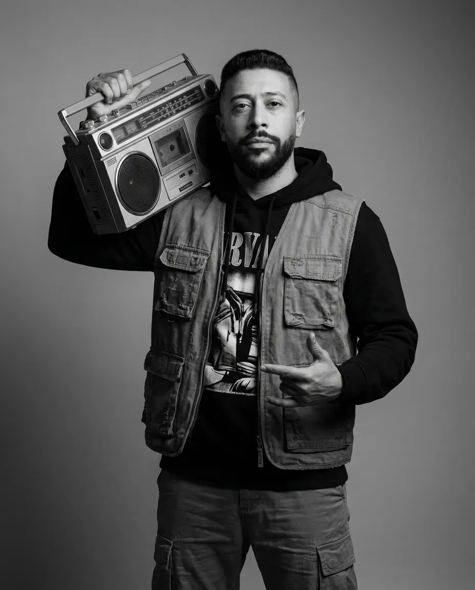 Cinematic Black and White Urban Portrait with Vintage Boombox