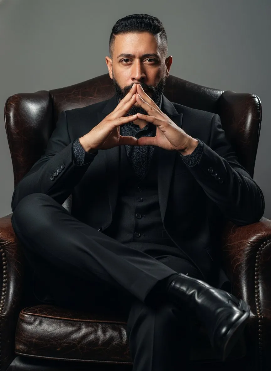 Dominant Businessman Portrait with Luxurious Dark Leather Armchair