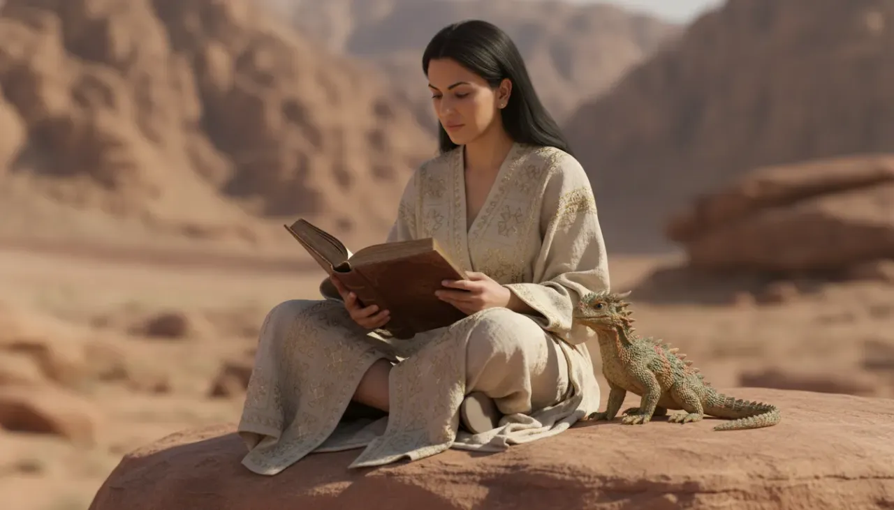 Grounded Fantasy Desert Portrait with Dragon Companion