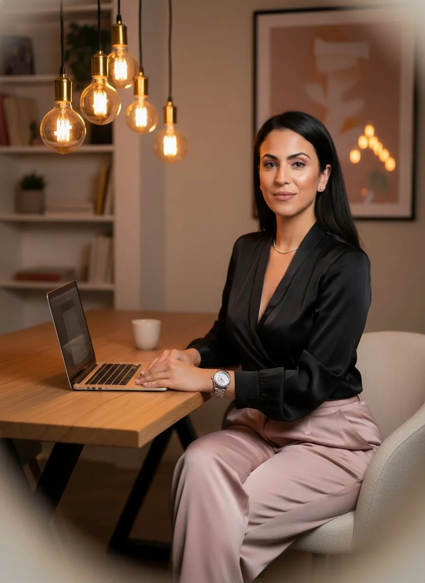 Elegant Workspace Portrait with Warm Lighting and Modern Professional Style