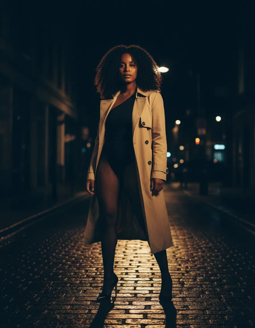 Cinematic Wet Street High-Fashion Editorial Portrait