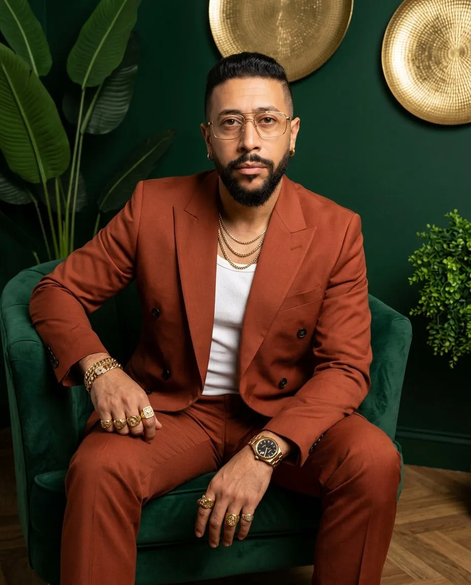 Cinematic Editorial Portrait of Seated Man in Emerald Room