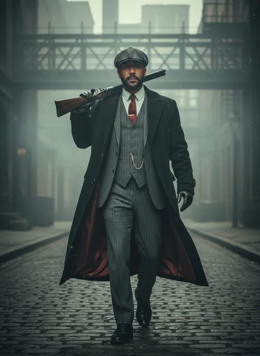 Foggy Industrial Gangster Walk — 1920s Cinematic Portrait