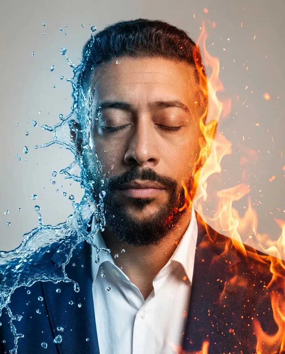 Surreal Duality Portrait: Fire and Water Cinematic Photoreal