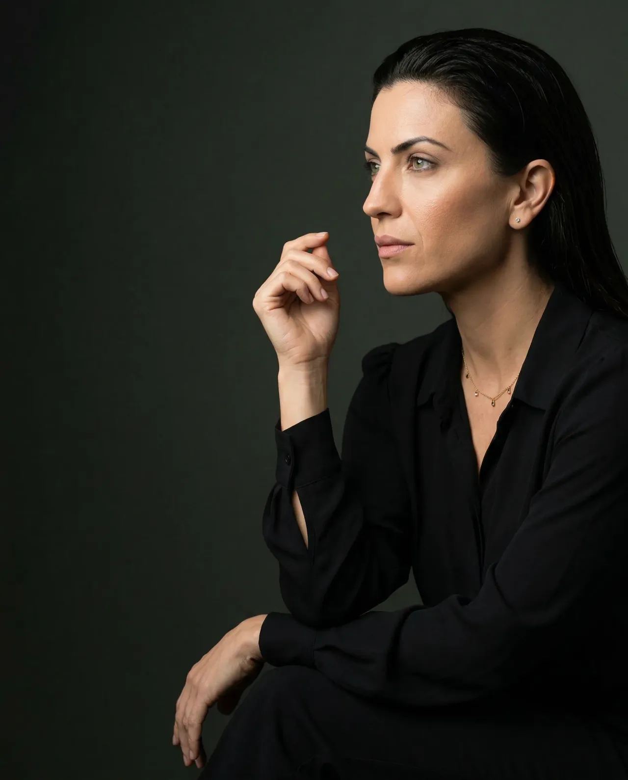 Cinematic Editorial Studio Portrait, Graphite-Olive Backdrop