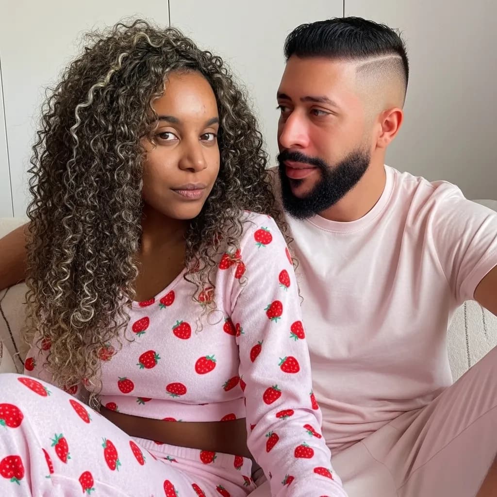Cozy Indoor Couple Portrait — Soft Strawberry Loungewear Aesthetic