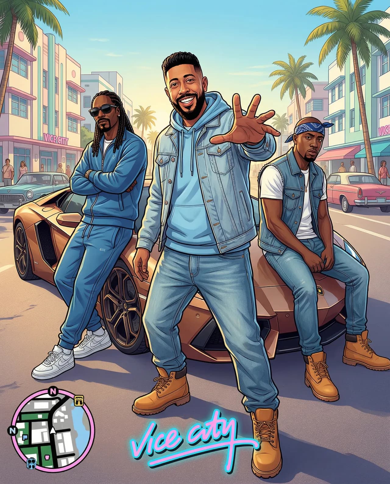 Cinematic Vice City Style Group Illustration in Tropical Street