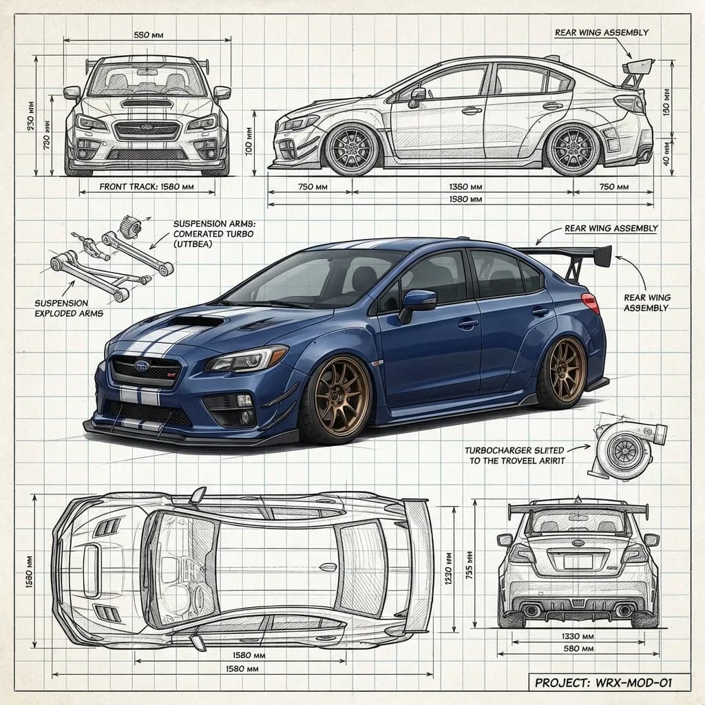Technical Blueprint Fusion with Photorealistic 3D Modified Car Render