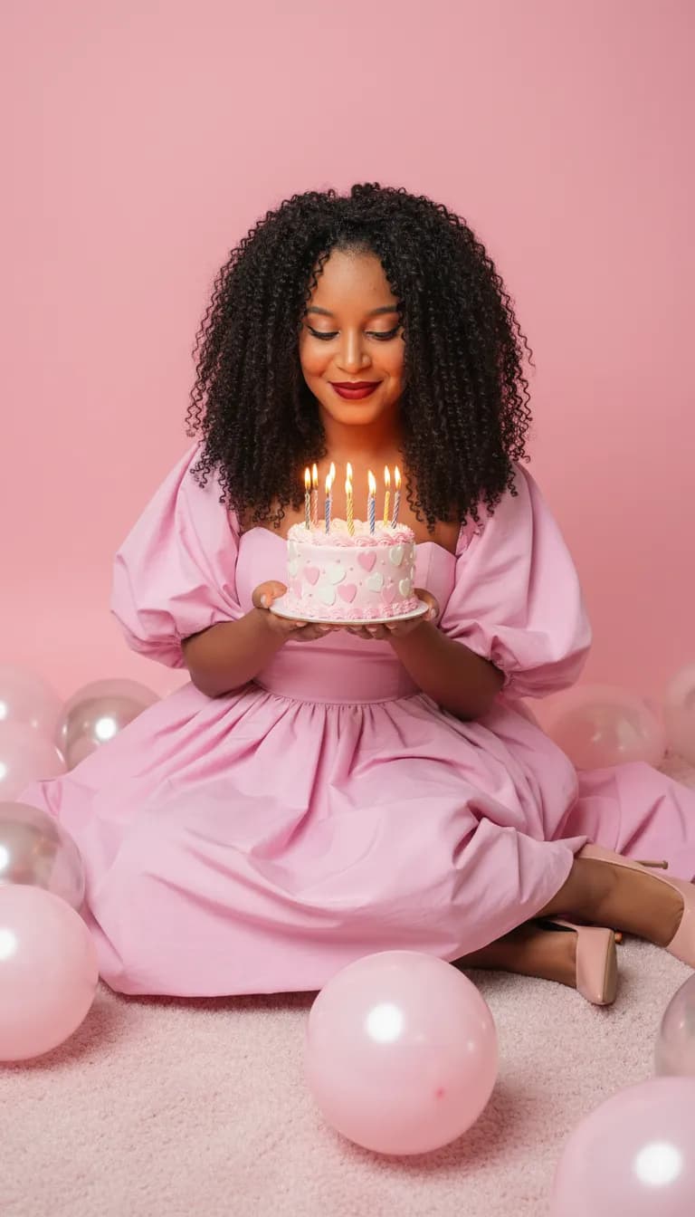 Romantic Birthday Editorial Portrait with Pink Balloons and Cake