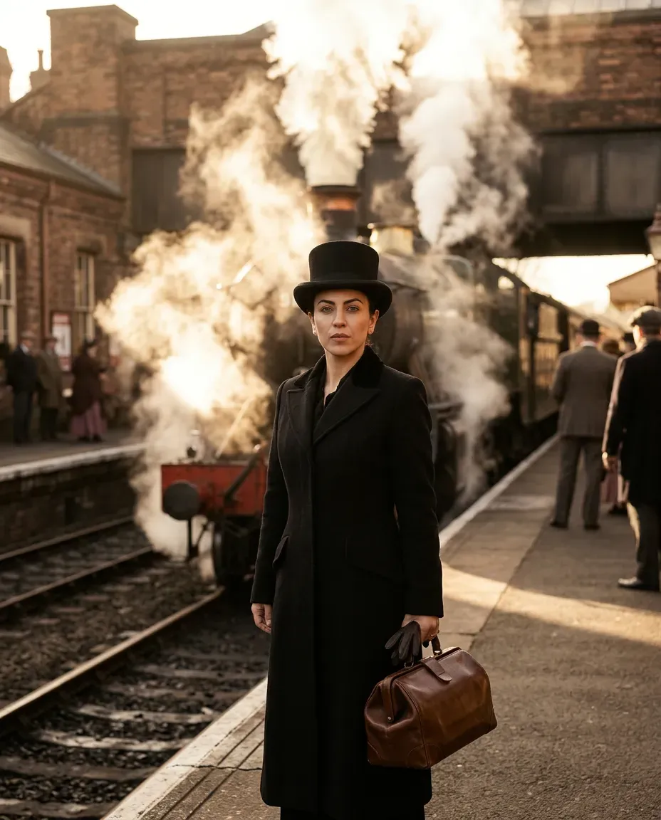 Cinematic Vintage Train Station Portrait with Sepia Volumetric Lighting